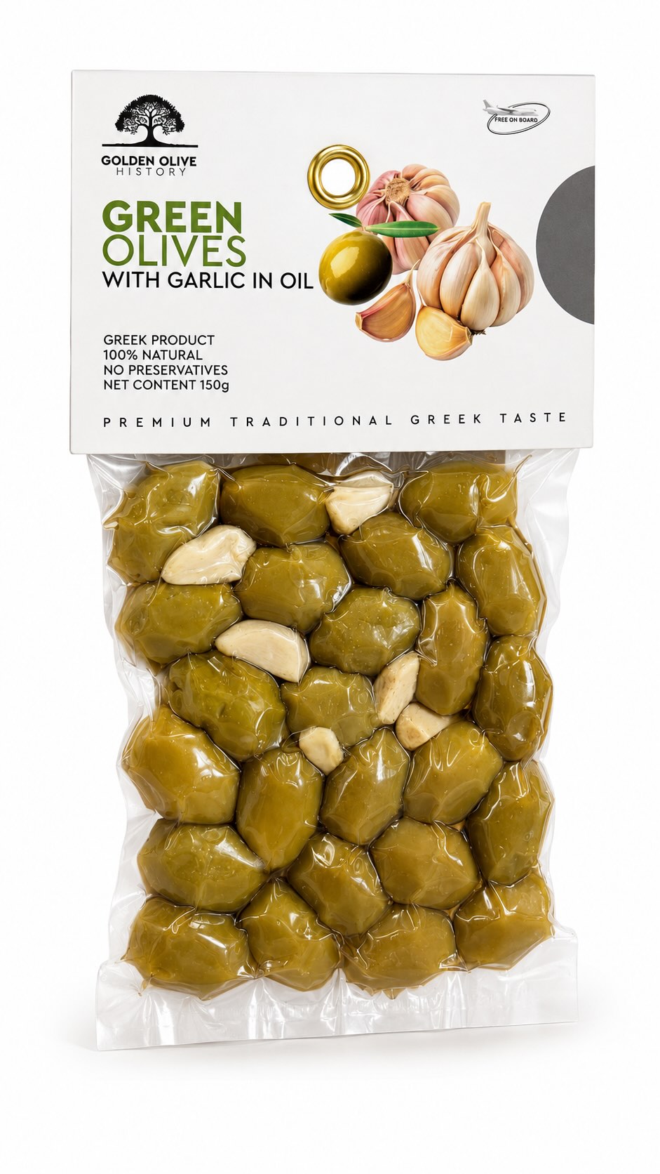 Golden Olive History zelené olivy s peckou a česnekem v olivovém oleji – vakuum 150 g
